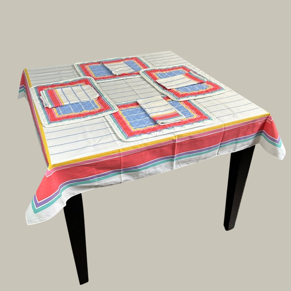 Bob Van Allen 9 Piece Tablecloth Placemats Napkins Set Colorful Stripe Vintage